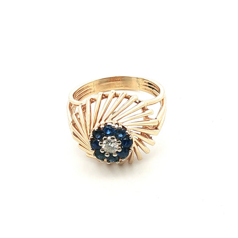 14Kt Retro Yellow Gold Diamond and Sapphire Vintage Cluster Ring