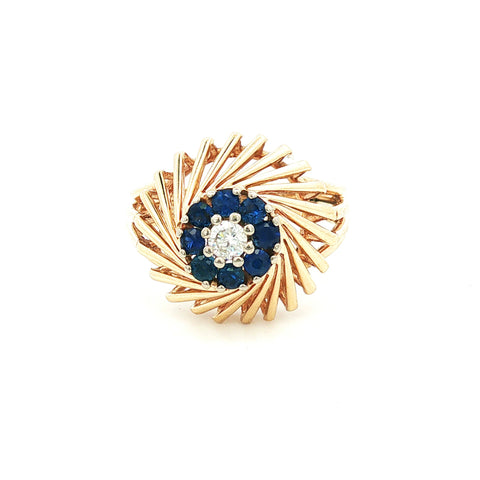 14Kt Retro Yellow Gold Diamond and Sapphire Vintage Cluster Ring