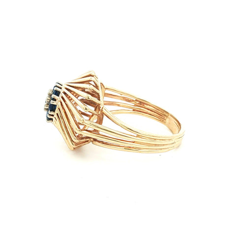 14Kt Retro Yellow Gold Diamond and Sapphire Vintage Cluster Ring