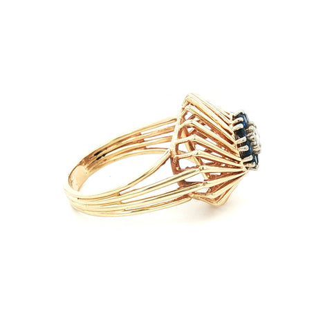14Kt Retro Yellow Gold Diamond and Sapphire Vintage Cluster Ring