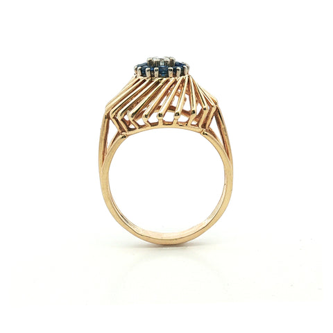 14Kt Retro Yellow Gold Diamond and Sapphire Vintage Cluster Ring