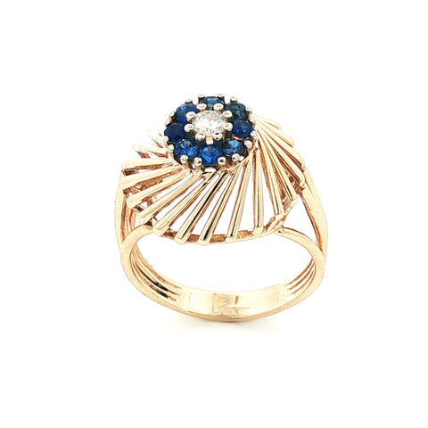14Kt Retro Yellow Gold Diamond and Sapphire Vintage Cluster Ring