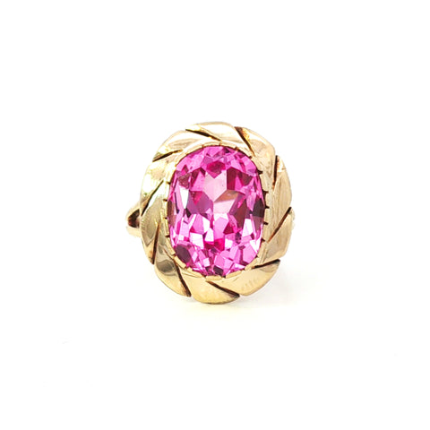 Vintage Retro 14K Yellow Gold Pink Stone Ring Size 6