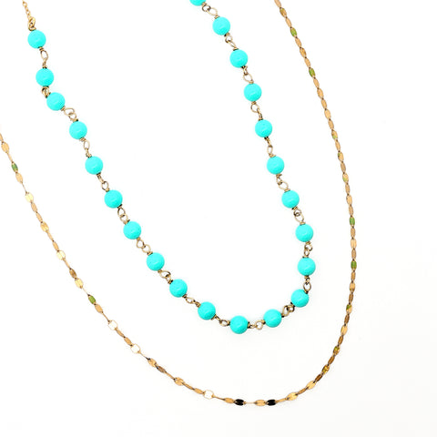 Two-Strand Necklace, Turquoise Station & Oval Flat Link in 14kt Yellow Gold