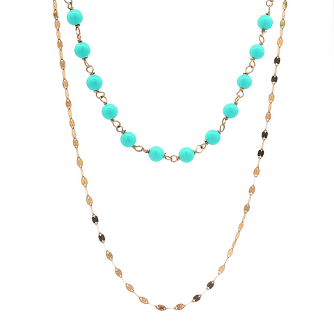 Two-Strand Necklace, Turquoise Station & Oval Flat Link in 14kt Yellow Gold